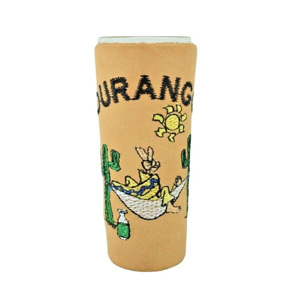 Durango Colorado Stitched Leather Sleeved Jigger Shot Glass Collectible - Picture 1 of 5